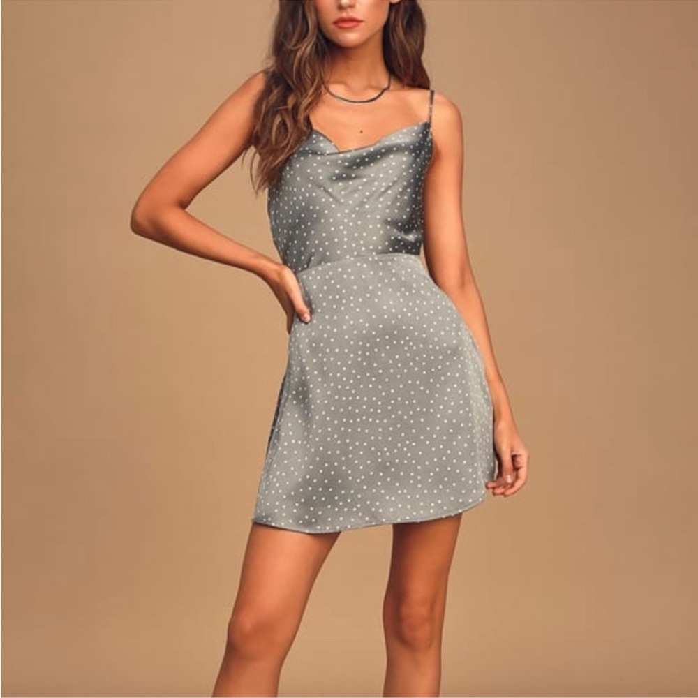 Spot in My Heart Sage Grey Polka Dot Satin Cowl Neck Mini Dress